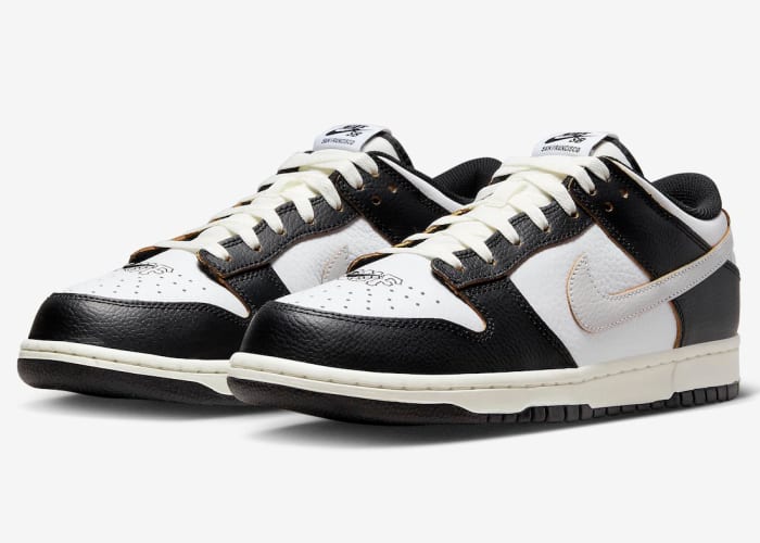 A detailed view of black and white Nike Dunk shoes.